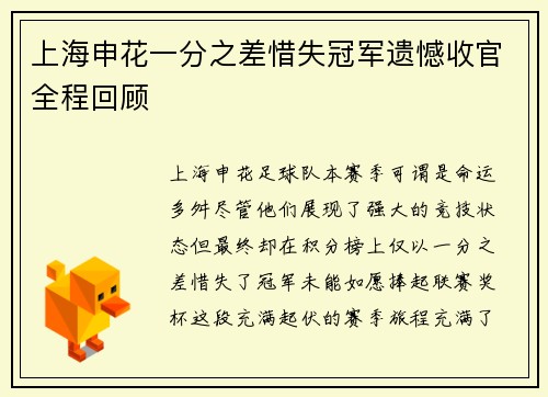 上海申花一分之差惜失冠军遗憾收官全程回顾 上海申花一分之差惜失冠军遗憾收官全程回顾